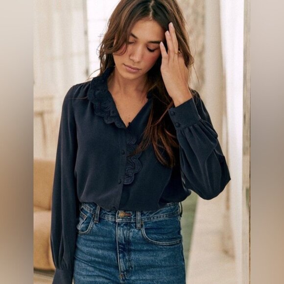 Sezane Chlo Silk Navy Blouse, size 44 - Picture 2 of 14